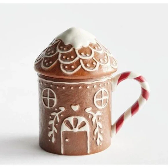 Pottery Barn Gingerbread House Lidded Stoneware Mug Winter Christmas Holiday NIB