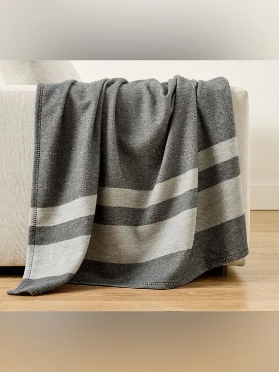 Pottery Barn 100% Lamb's Wool Gray Striped Throw Blanket 50