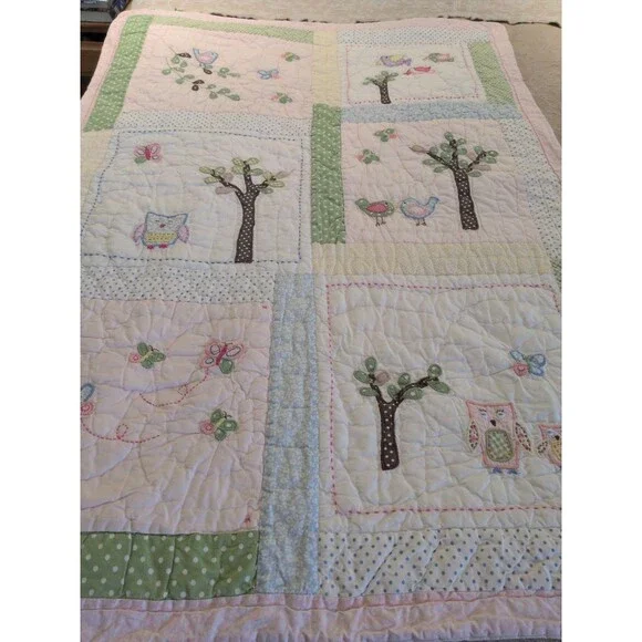 Pottery Barn Kids Hayley Crib Quilt Coverlet Retired Pattern Pink Girls Owl Bird