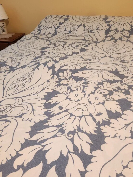 POTTERY BARN Chardonnet Damask Duvet Cover King Blue 100% Linen Bedding Rare