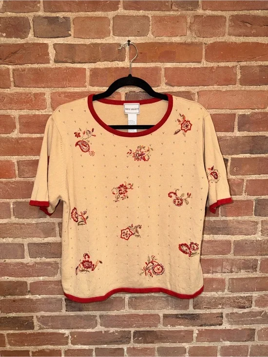 NAPA VALLEY Beige Knit Sweater Top Red Trim and Floral Embroidery Stitched Women