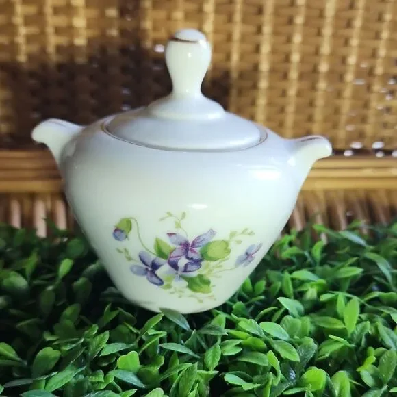Vintage Small Sugar Bowl with Violets & Gold Tone Accents made In Japan Coquette