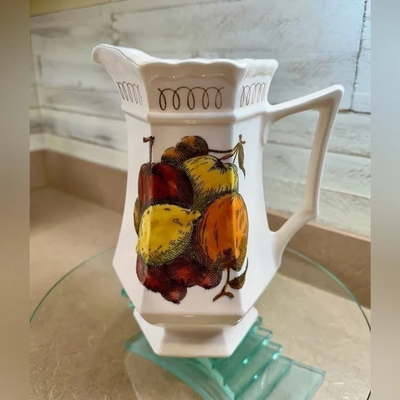 BENNINGTON SQUARE, 1940’S PITCHER. CREAM COLOR WITH FRUIT MEDLEY BY SHAFFORD.