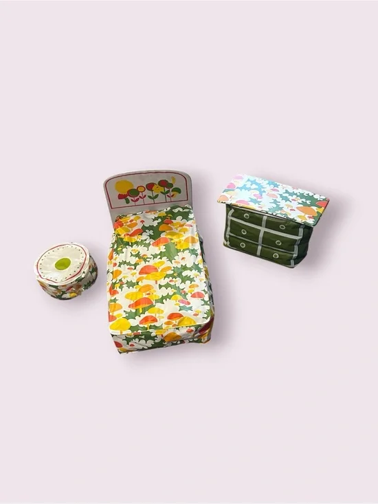 Vintage Barbie Puff N' Play Floral Print Retro Doll Bed Set Bed Ottoman Dresser