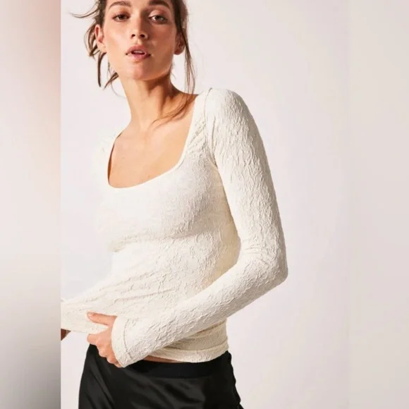 Free People Have It All Square Neck Long-Sleeve M/L Ivory Lace NWOT