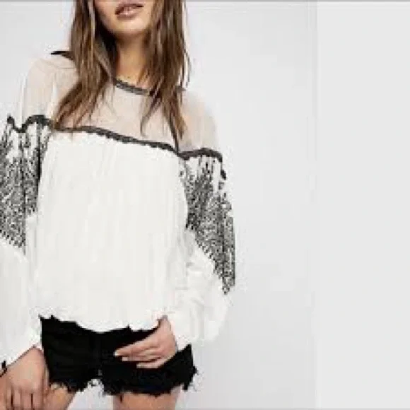 Free People Carly Embroidered Flowy Boho Style Top With A Cropped Bubble Hem