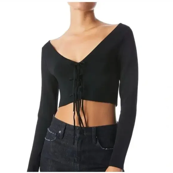 Alice + Olivia Sharee Crop Top Tie Front Black Size Medium