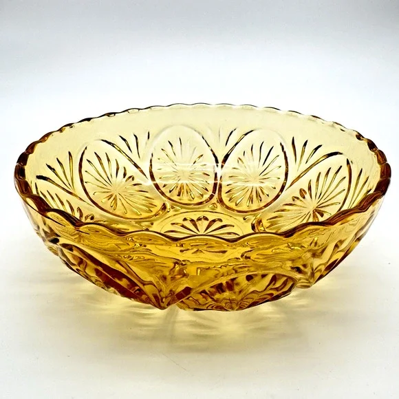 Vintage Yellow Glass Serving Bowl Anchor Hocking Medallion Honey Gold 8