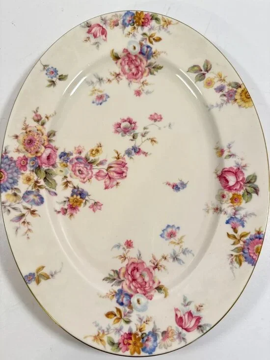 Vintage SUNNYBROOKE by Castleton Large Oval Serving PLATTER Floral Gold Trim 15