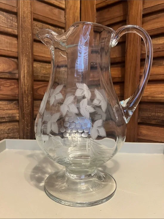 Etched Glass Pitcher with Grapevine Motif - Clear