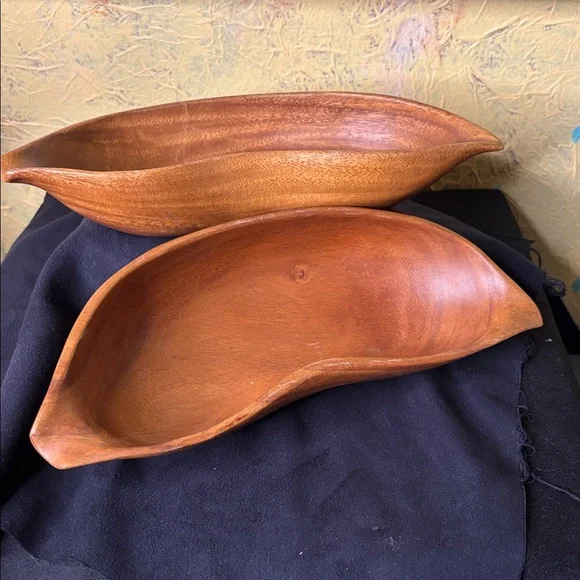 Mid-Century Modern Monkey Pod Leaf Bowls Hand Carved ~ set of 2