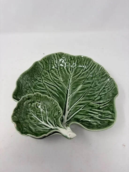 Bordallo Pinheiro cabbage leaf dish chips and dip Portugal green majolica