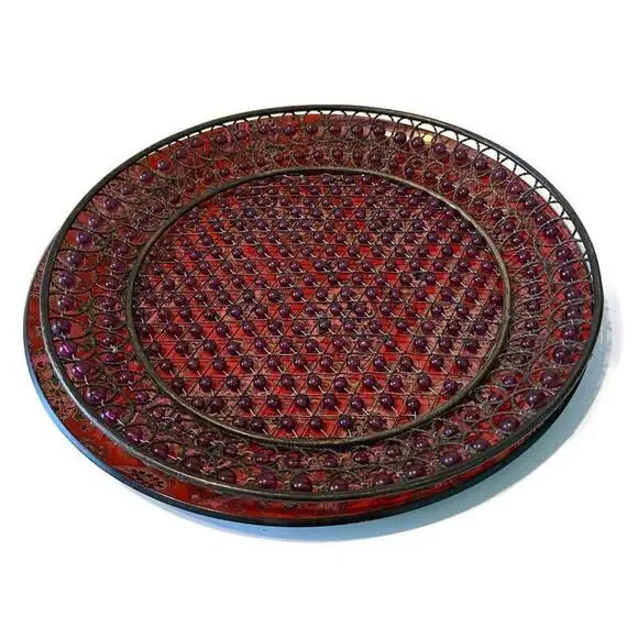 Vtg Purple Beaded Serving Trays 70s Paisley Decorative Set of 2 Hippie 70s