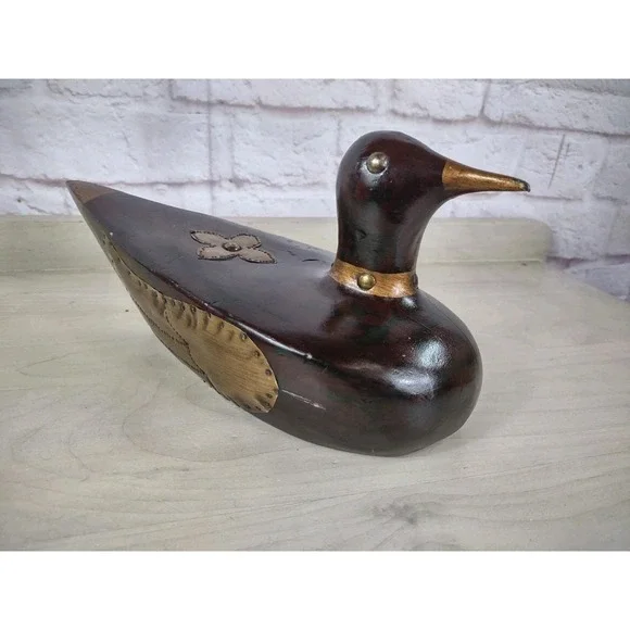 Wooden Folk Art Duck Decoy Wood Brass Country Decor 14 Inch Vtg Knicks SEE