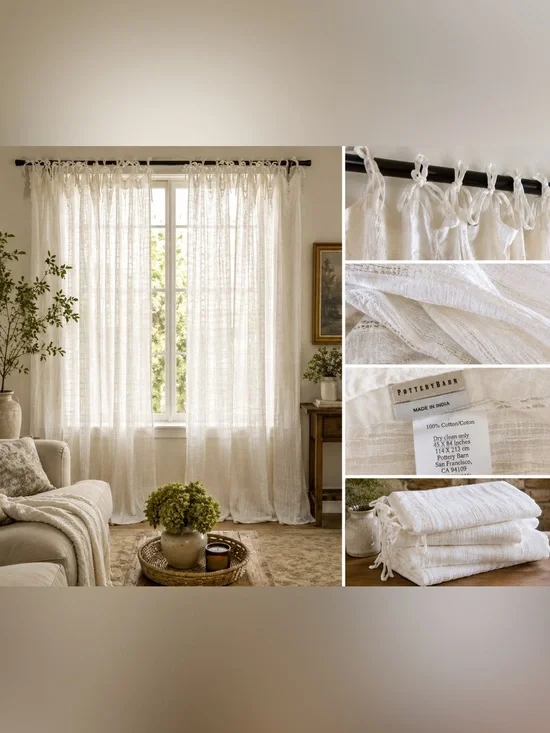 Pottery Barn Set of 4 White Tie Top Sheer Cotton Curtain Panels 45x84
