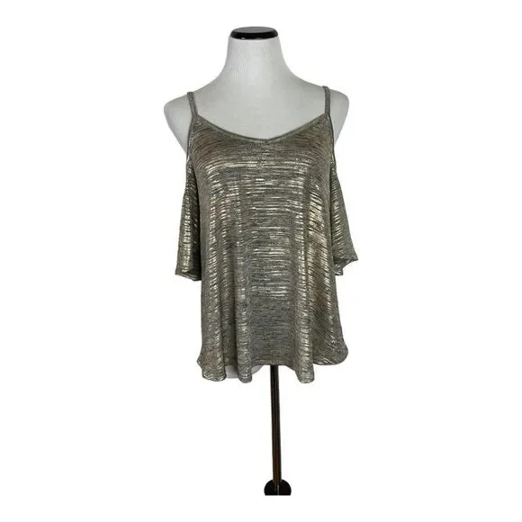 Bar lll Women’s Sz L Off The Shoulder Top Gold Silver Blouse Sexy Holiday Party