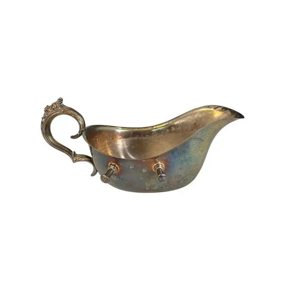 Vintage F.B. Rogers Silver Co Gravy Boat Footed Tarnished Silverplate Ornate Han