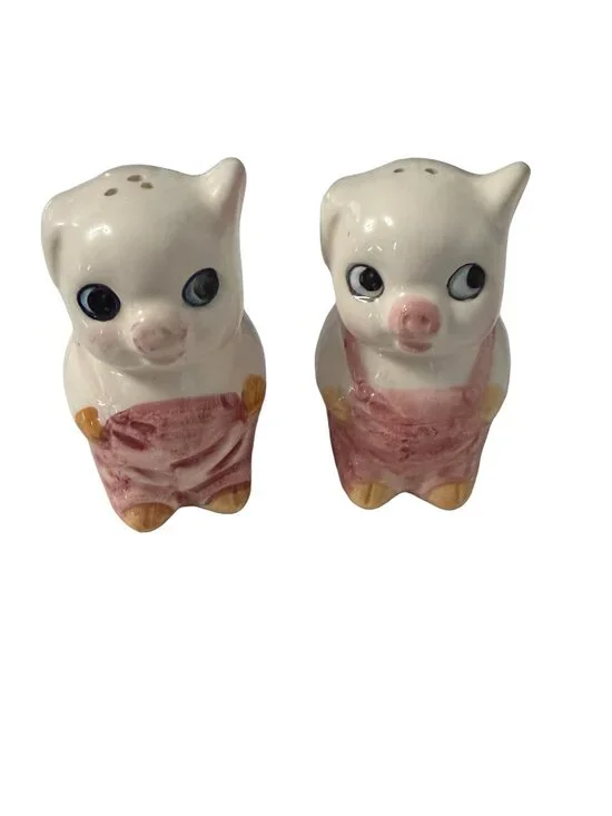 Vintage Ceramic Pig Salt & Pepper Shakers Pink Overalls Big Eyes Pair
