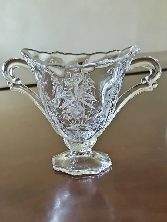 VTG Heisey Etched Orchid Double-Handled Glass Sugar Bowl