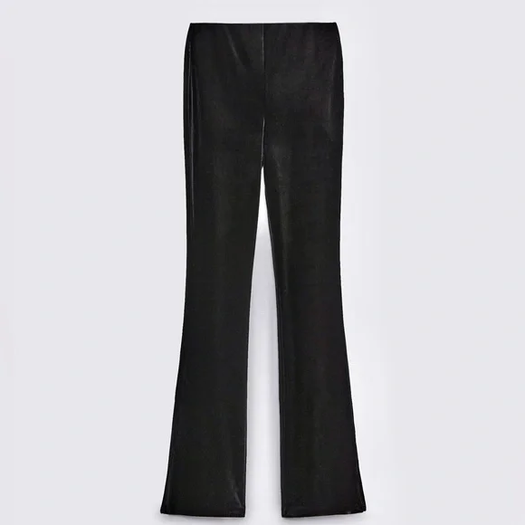Zara NWOT Black velvet velour side split hem stretchy legging flare pants
