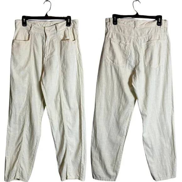Zara Linen Straight Leg Pants Womens 31 Ivory Lagenlook Minimalist Beach Coastal