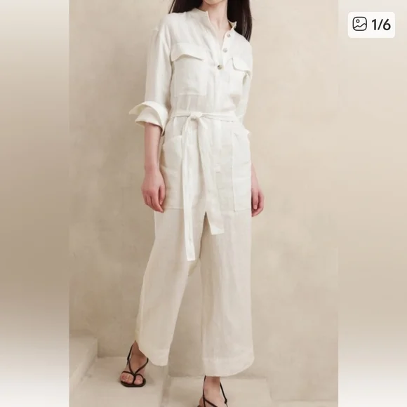 Banana Republic Petite Lisa Linen Jumpsuit in Iced Vanilla S NWT