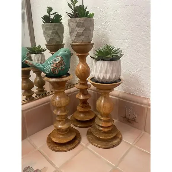 Set of three wood pottery barn candlesticks