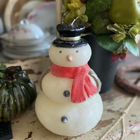 Pottery Barn Vintage Large 3 Tiered Snowman Candle 200 hour burn 8.75” tall