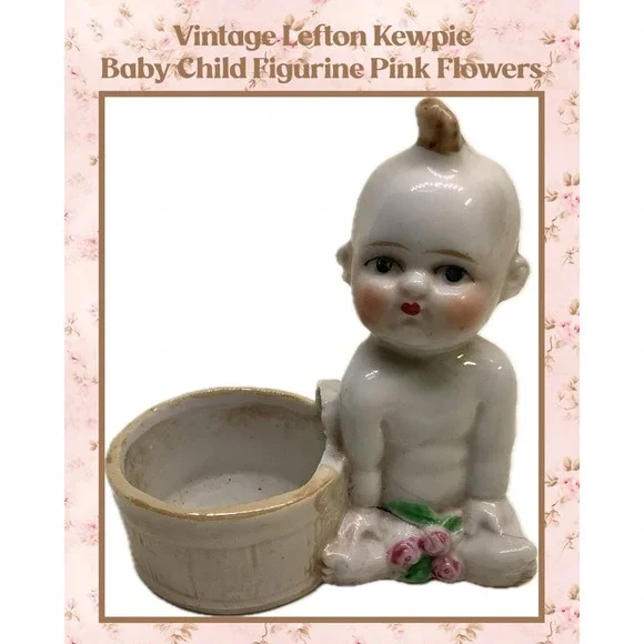 Vintage Lefton Kewpie Bisque Baby Child Figurine With Pink Flowers‎ Porcelain