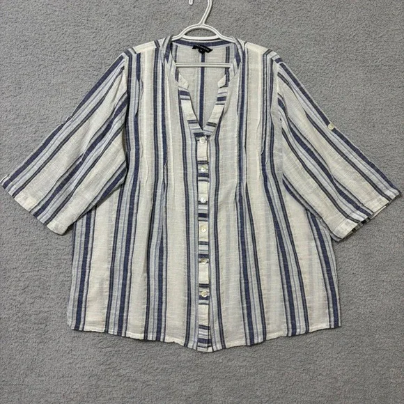 Comfortable Cotton Blend Blouse Roll Tab Sleeve Lightweight Blue Stripe 3X
