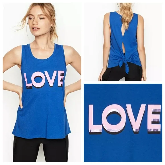 VS VICTORIAS SECRET SPORT LOVE KEYHOLE TANK TOP BLUE WITH PINK METALLIC XL