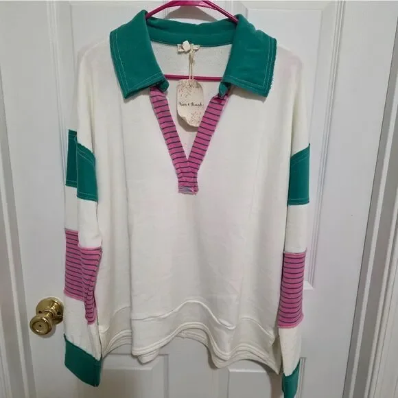 Hem & Thread V-Neck Sweatshirt - Teal, Pink, and White Size Med. NWTS