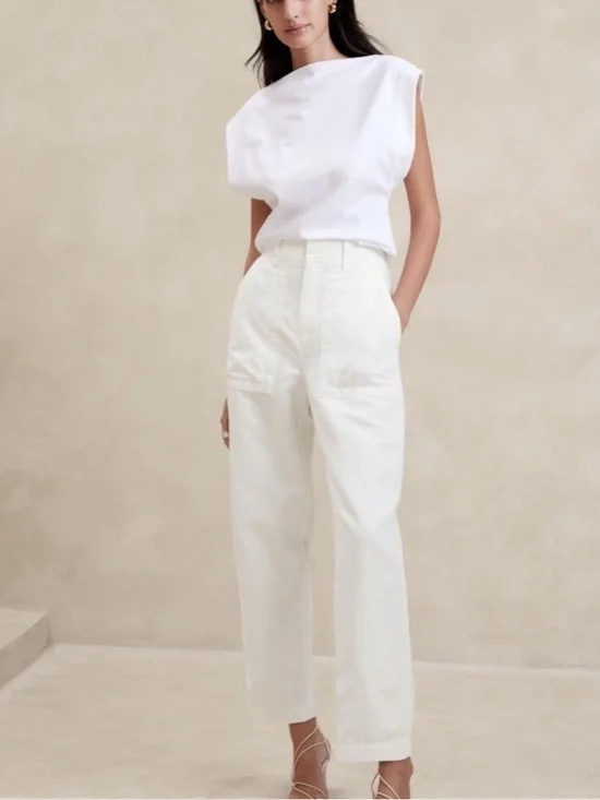 NWT Banana Republic Mya Cotton-Linen Cargo Iced Vanilla Ivory Pants Size 6 long