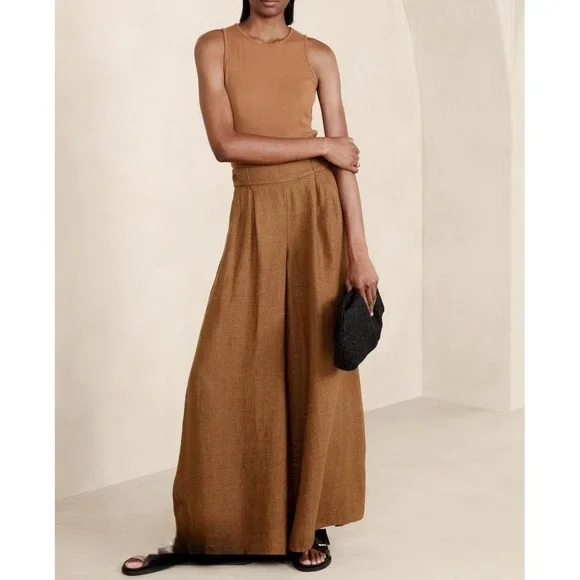 Banana Republic Lina Wide Leg Linen Pants Brown Pleated High Rise NWT 8