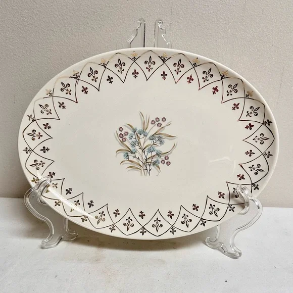 Vintage Floral Thistle Pattern Oval Serving Platter with Gold Fleur des Lis Rim