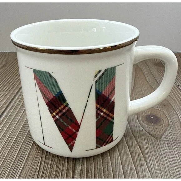 POTTERY BARN STEWART PLAID ALPHABET STONEWARE MUG M