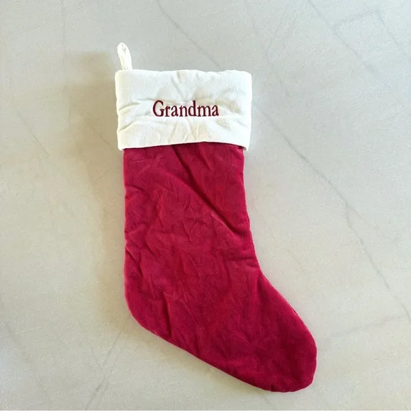 Pottery Barn Classic Velvet Christmas Stocking Medium Red Ivory “Grandma”