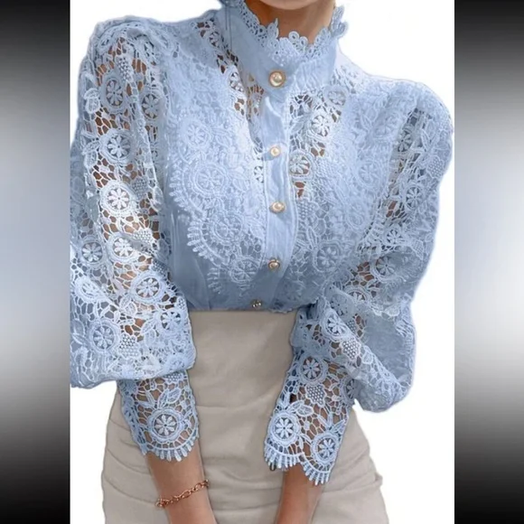 Elegant Lace Light Blue Blouse