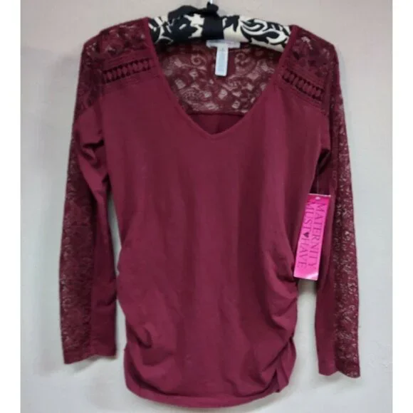 New Ambiance Maternity Top Small V-Neck Ruched Maroon Lace-Detail Long Sleeve