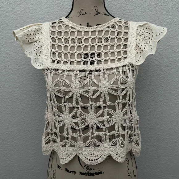 Altar'd State Crochet Open Knit Boho Crop Top Beige Size Small