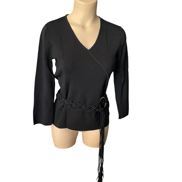 CABLE & GAUGE Knit Top Vintage V-Neck 3/4 Sleeves Attached Braided Belt Medium