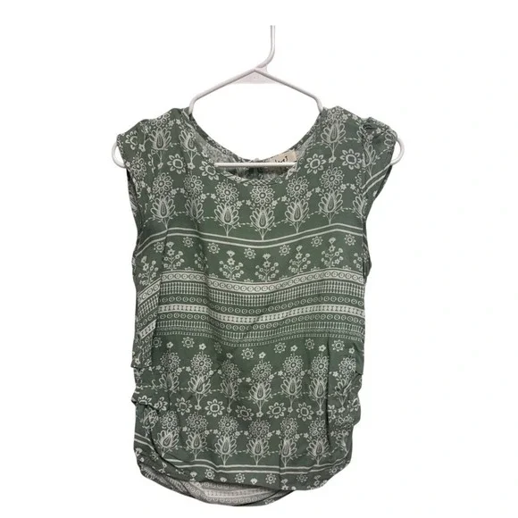 Love J Green White Floral Print Ruffle Sleeve Keyhole Back Top Womens Medium