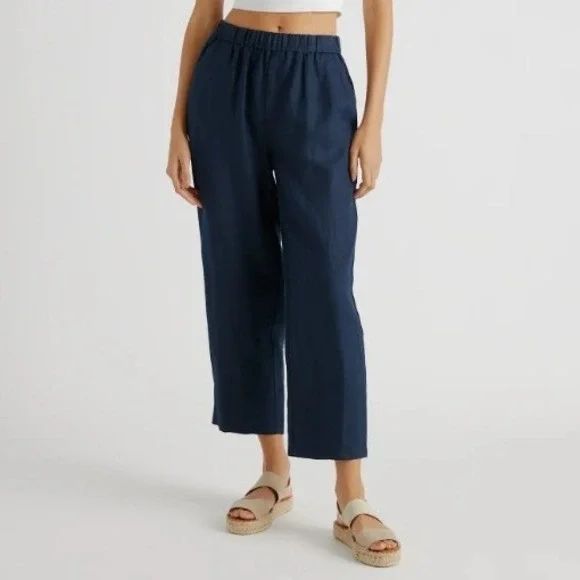 Quince 100% European Linen Ankle Length Pants Deep Navy Medium Coastal Natural