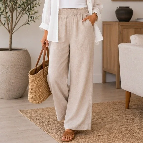 H&M Linen Blend Wide Leg Pull On Pants Beige Elastic Waist Pockets Quiet Luxury