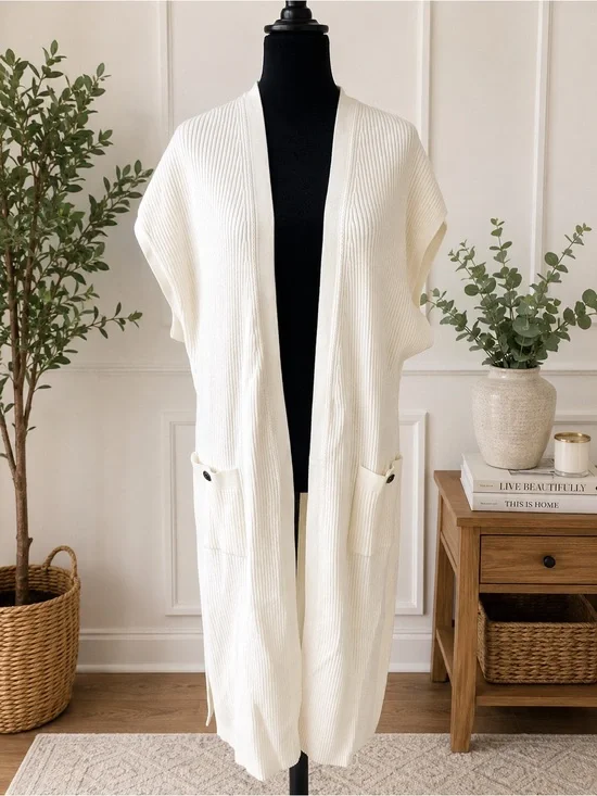 White House Black Market Long Open Front Ribbed Cardigan Vest