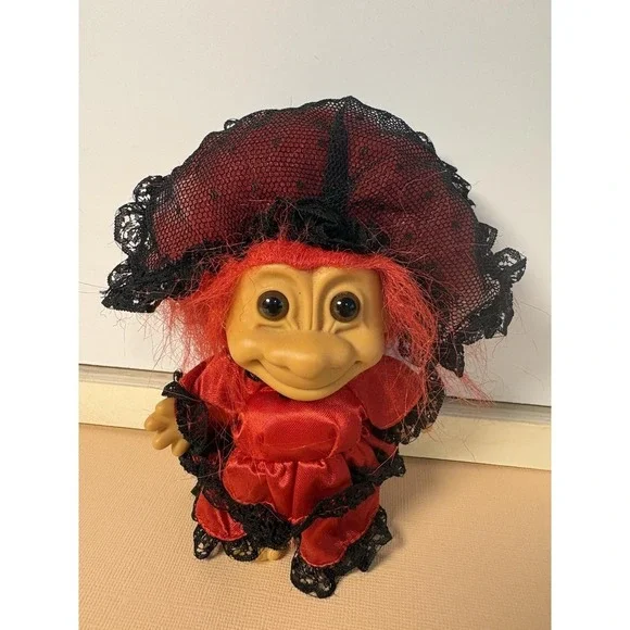 Vintage Russ Troll Doll Red Hair Victorian Lady Red Black Lace Dress Bonnet 5