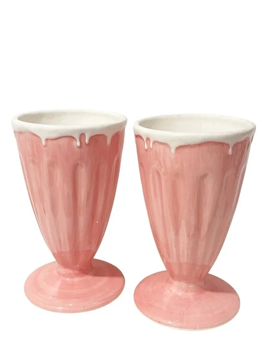 Pottery Barn Ceramic Pink Milkshake Parfait Glasses Set of 2