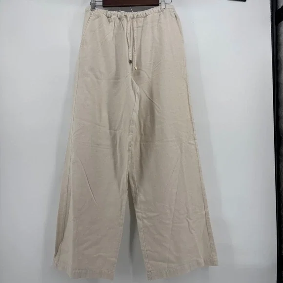 Zara Wide Leg Trousers Women Large Cream Bohemian Chic Drawstring Textured Twill