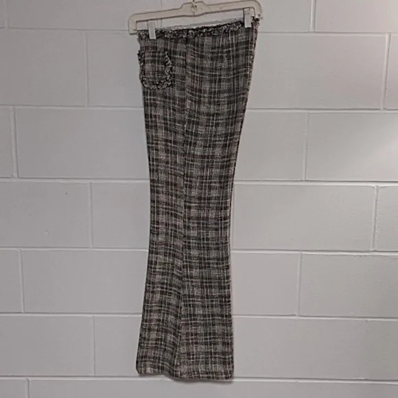 Zara 8 Textured Raw Fringe Edged Trouser Pants Boot Cut Glen Plaid Black Cream
