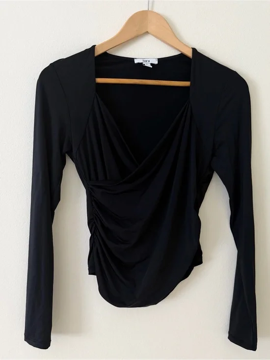 Bar III Black Draped Long Sleeve Top with Side Ruching
